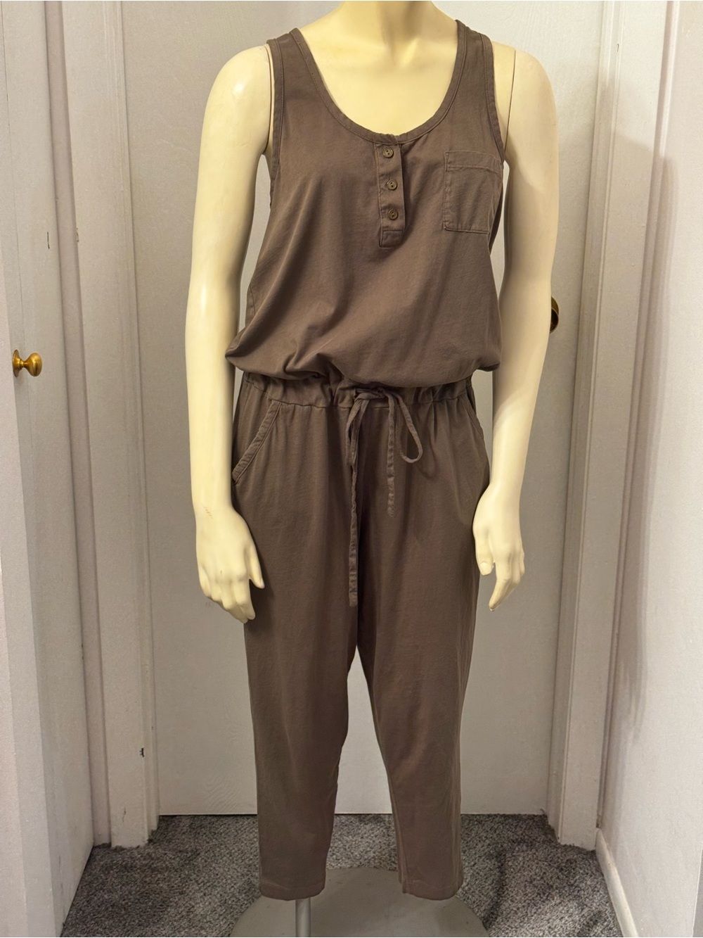 bobi Taupe Sleeveless Drawstring Jumpsuit
